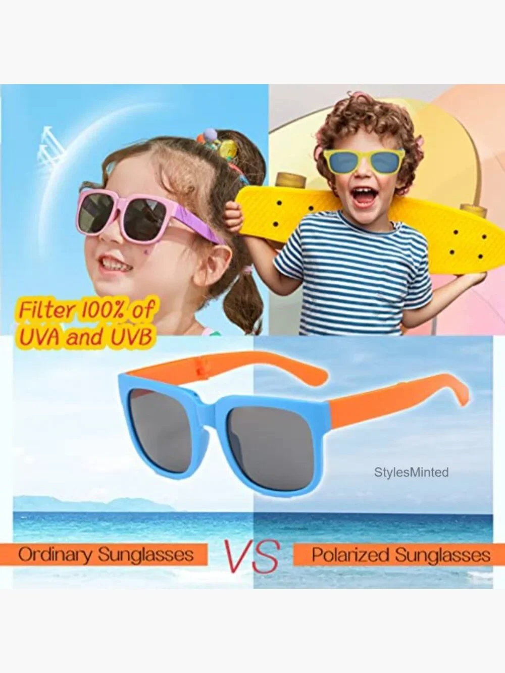 Foldable Kids Sunglasses 4 Pack UV Protection Rectangle